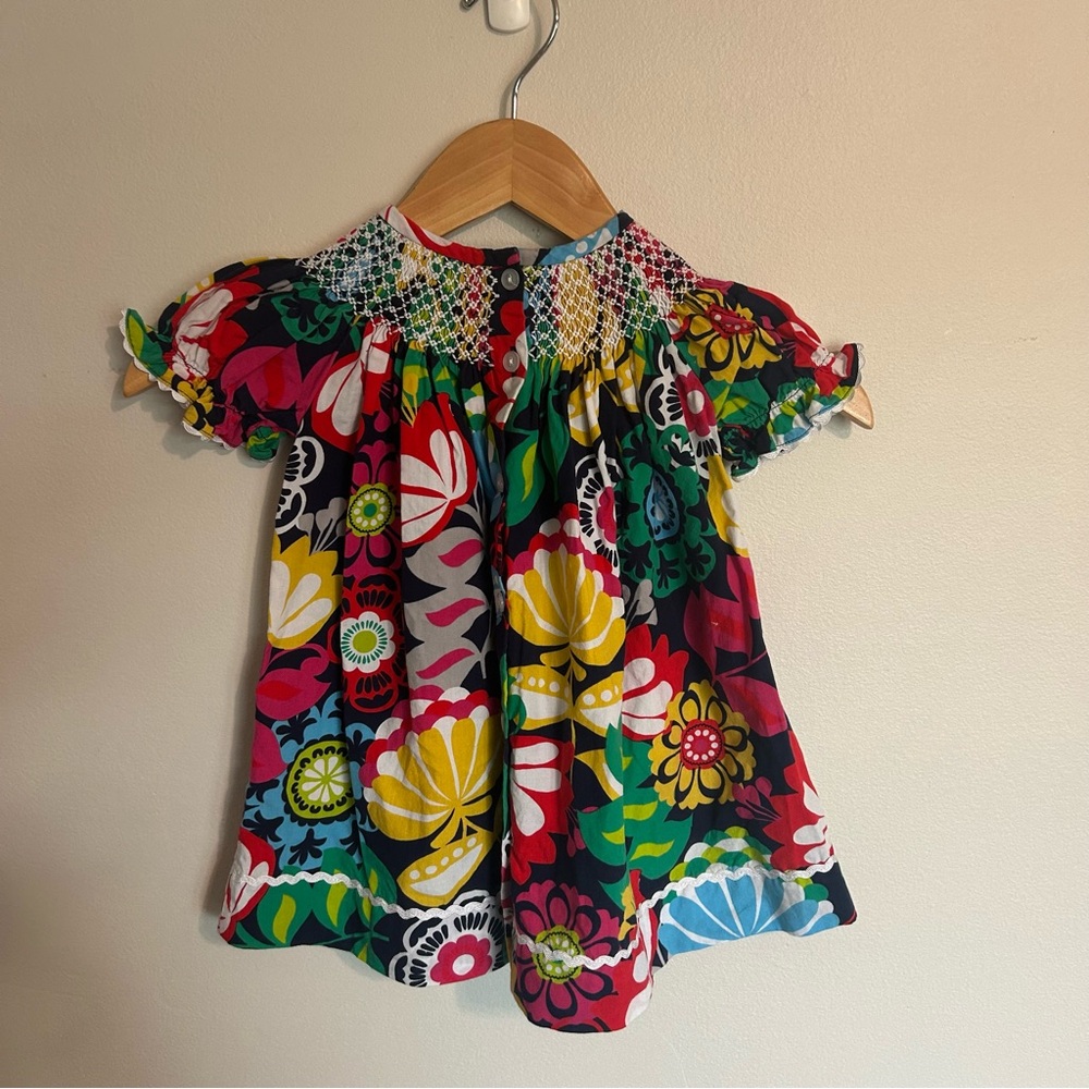 Smocked Auctions Vibrant Colorful Floral Smocked Dress Size 12 Months Lace Trims - Picture 4 of 8